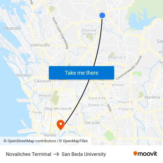 Novaliches Terminal to San Beda University map