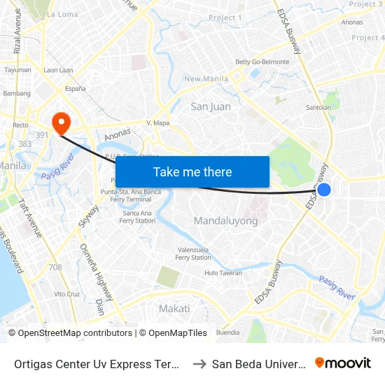 Ortigas Center Uv Express Terminal to San Beda University map