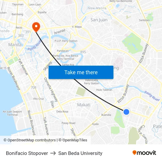 Bonifacio Stopover to San Beda University map