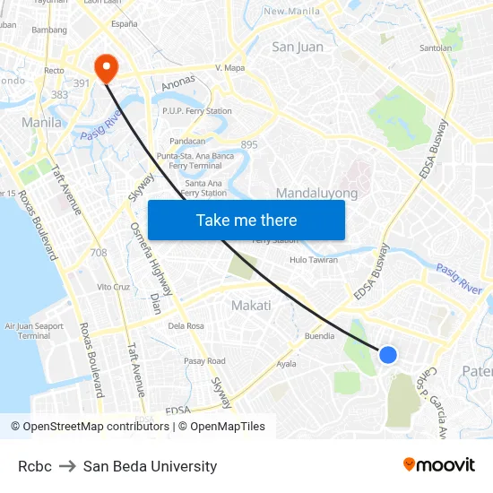 Rcbc to San Beda University map