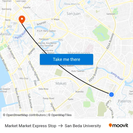 Market Market Express Stop to San Beda University map