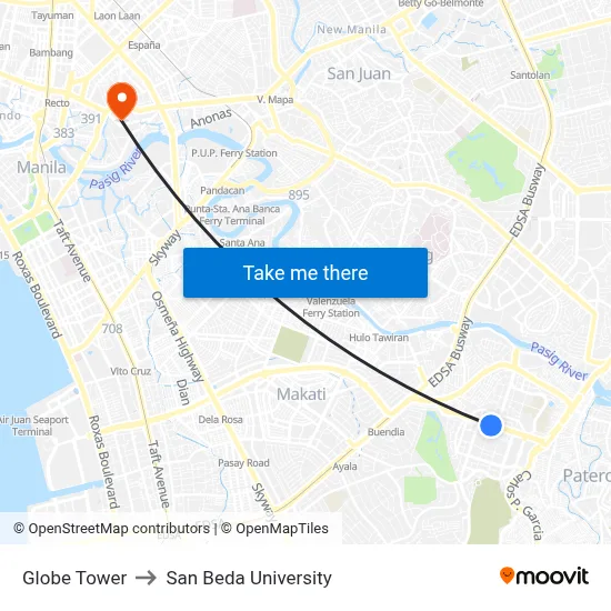 Globe Tower to San Beda University map