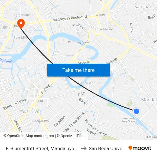 F. Blumentritt Street, Mandaluyong City to San Beda University map