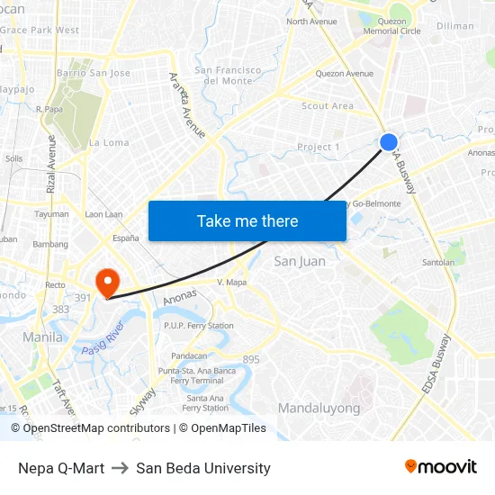 Nepa Q-Mart to San Beda University map