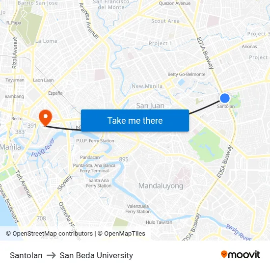 Santolan to San Beda University map