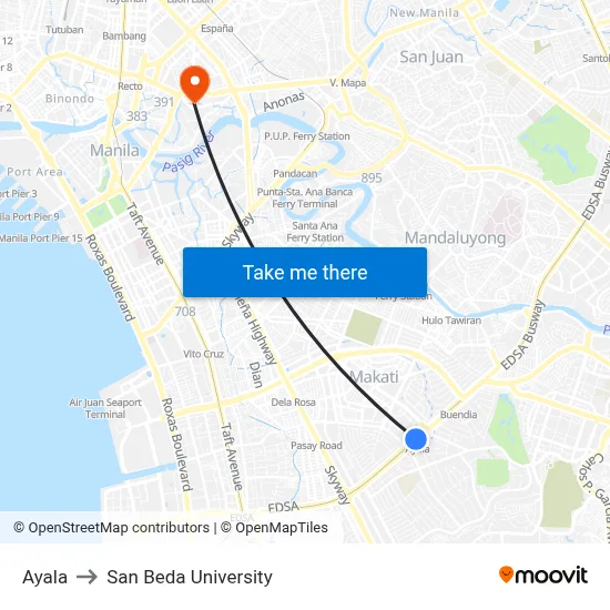 Ayala to San Beda University map