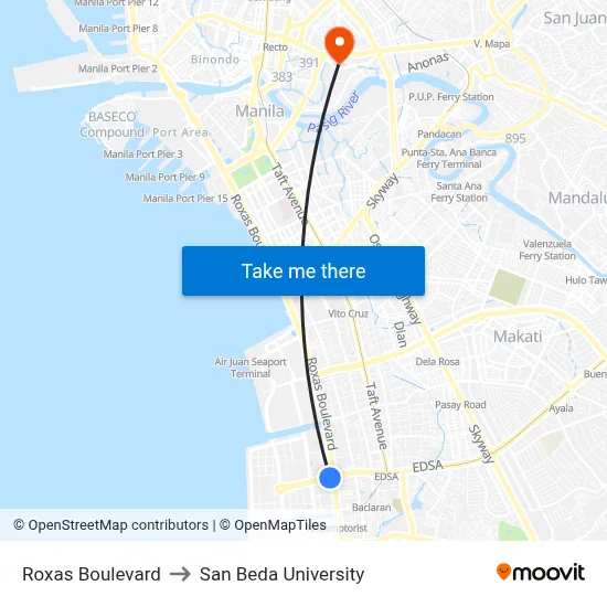 Roxas Boulevard to San Beda University map