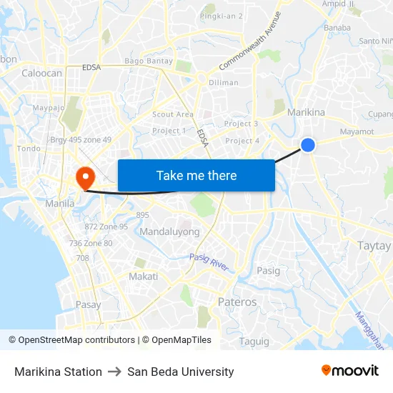 Marikina Station to San Beda University map