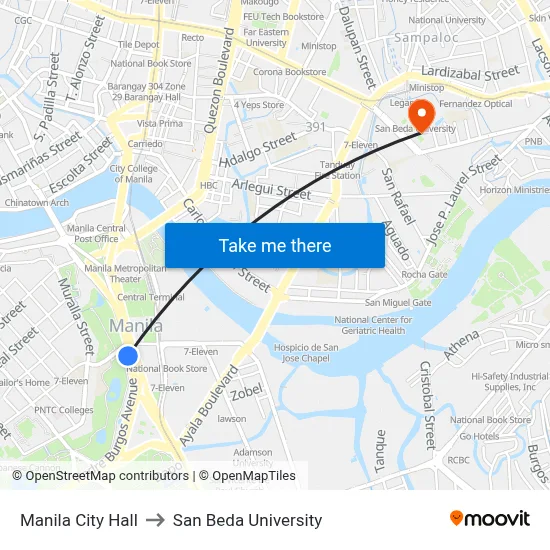 Manila City Hall to San Beda University map