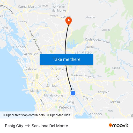 Pasig City to San Jose Del Monte map