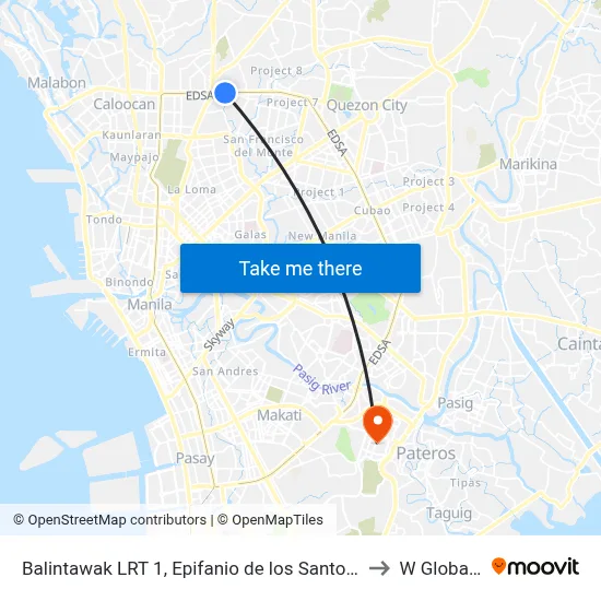 Balintawak LRT 1, Epifanio de los Santos Ave, Quezon City, Manila to W Global Center map