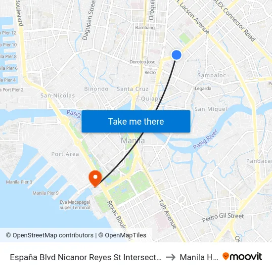 España Blvd Nicanor Reyes St Intersection Manila to Manila Hotel map