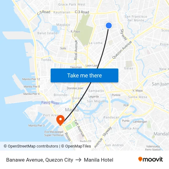 Banawe Avenue, Quezon City to Manila Hotel map