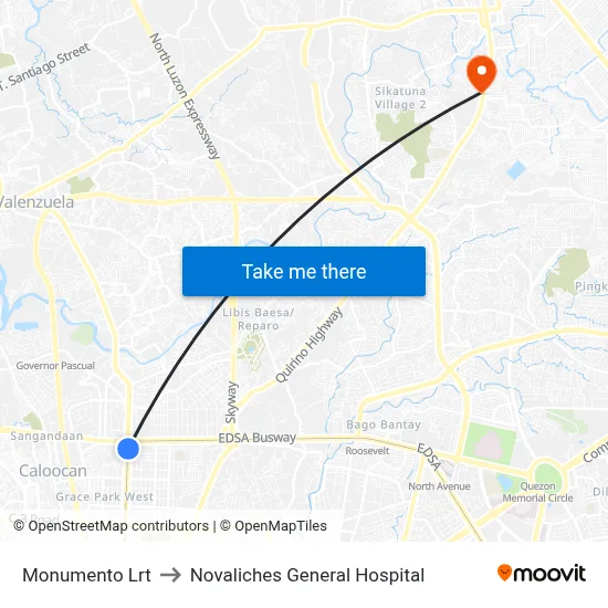 Monumento Lrt to Novaliches General Hospital map