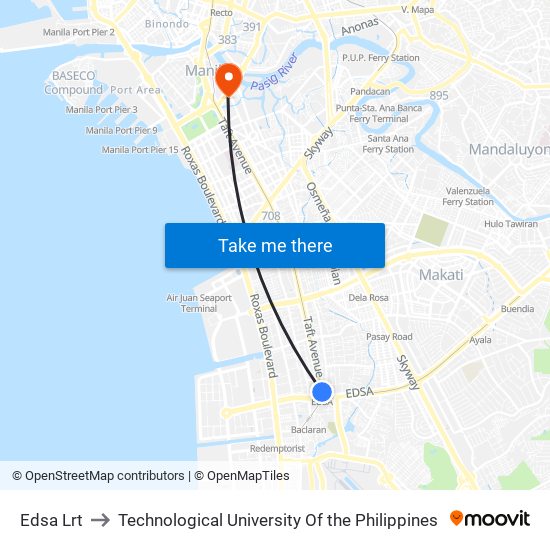 Edsa Lrt to Technological University Of the Philippines map