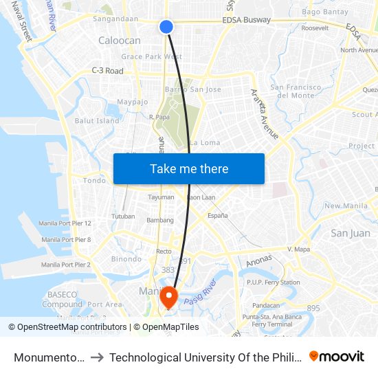 Monumento Lrt to Technological University Of the Philippines map