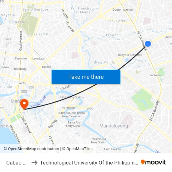 Cubao Lrt to Technological University Of the Philippines map