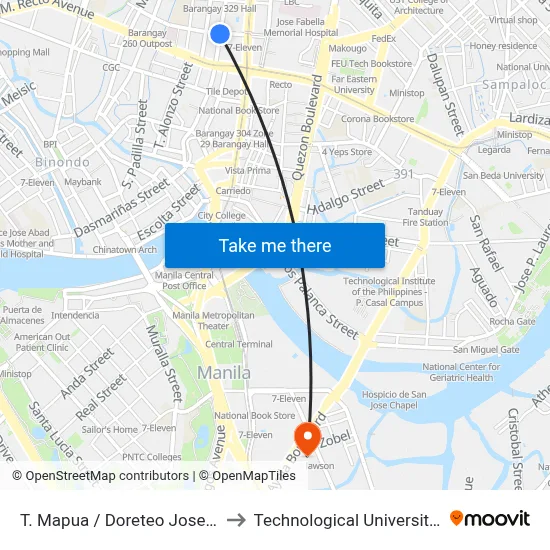 T. Mapua / Doreteo Jose Intersection, Manila to Technological University Of the Philippines map
