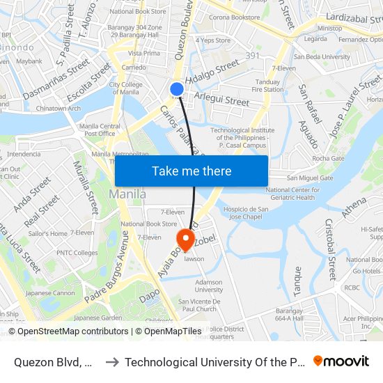 Quezon Blvd, Manila to Technological University Of the Philippines map