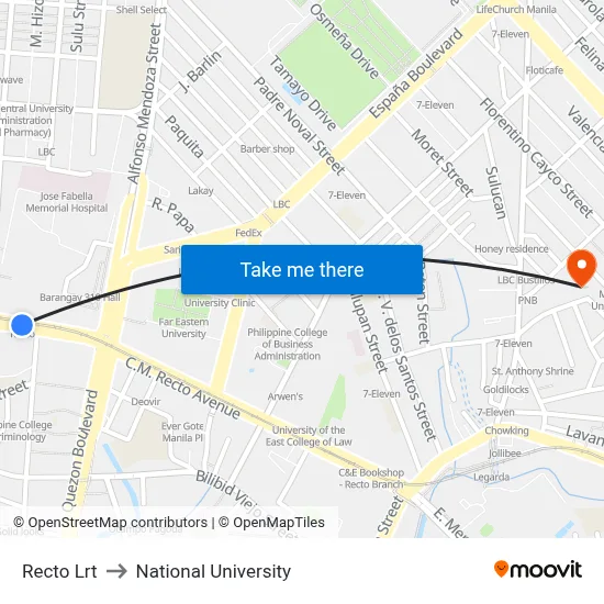 Recto Lrt to National University map