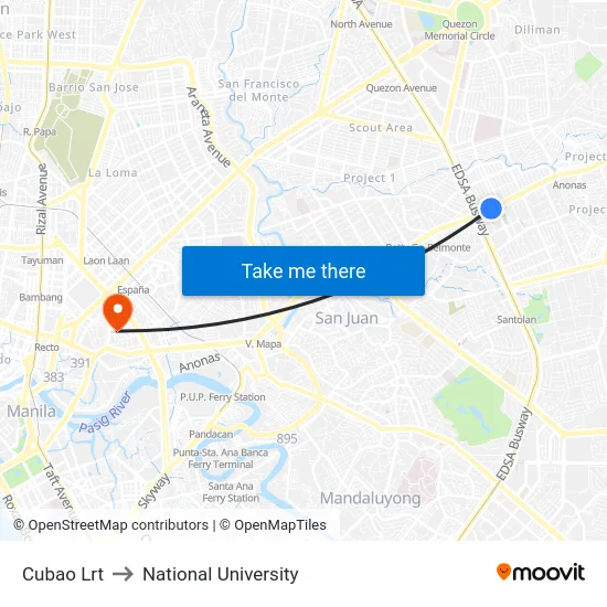 Cubao Lrt to National University map