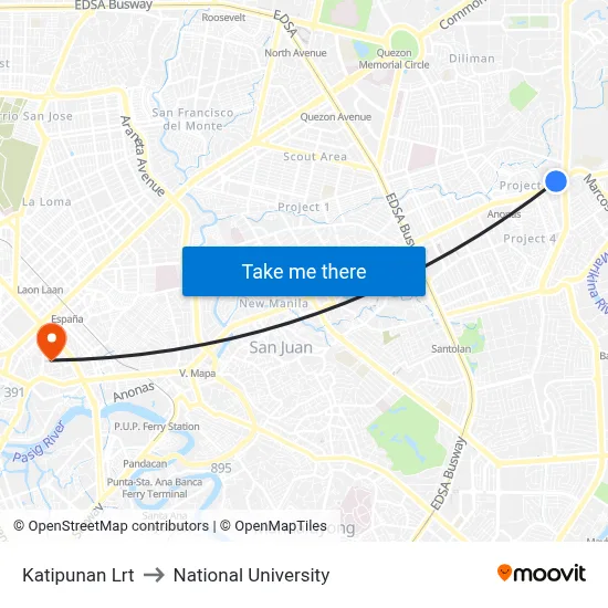 Katipunan Lrt to National University map