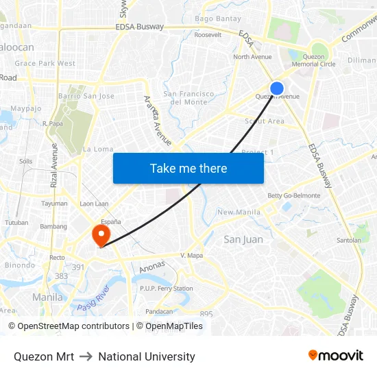 Quezon Mrt to National University map