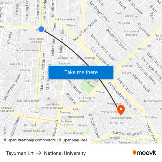 Tayuman Lrt to National University map