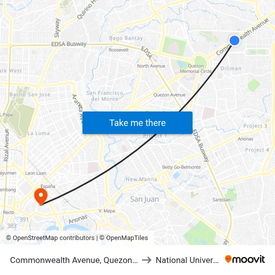 Commonwealth Avenue, Quezon City to National University map