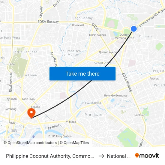 Philippine Coconut Authority, Commonwealth Avenue, Quezon City to National University map