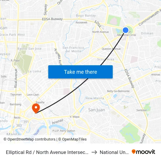 Elliptical Rd / North Avenue Intersection, Quezon City to National University map