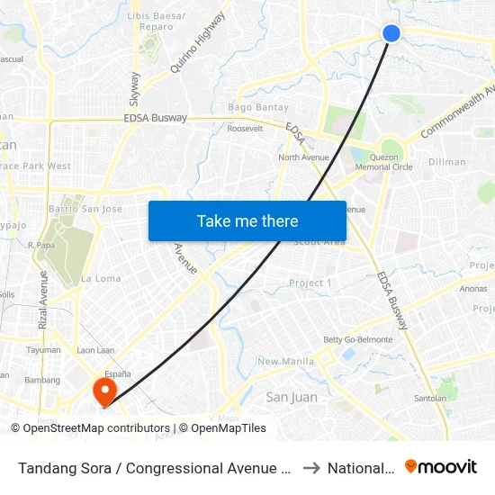 Tandang Sora / Congressional Avenue Extension Intersection, Quezon City to National University map