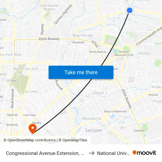 Congressional Avenue Extension, Quezon City to National University map