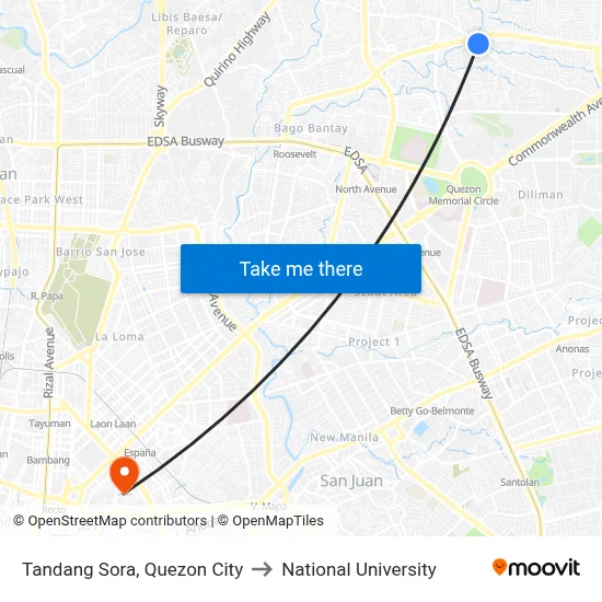 Tandang Sora, Quezon City to National University map