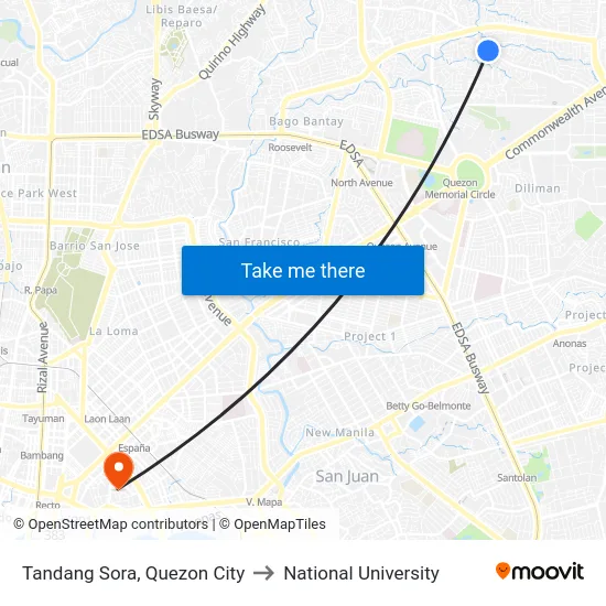 Tandang Sora, Quezon City to National University map