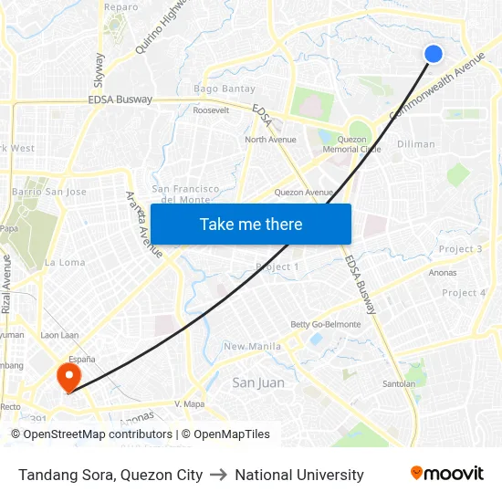 Tandang Sora, Quezon City to National University map