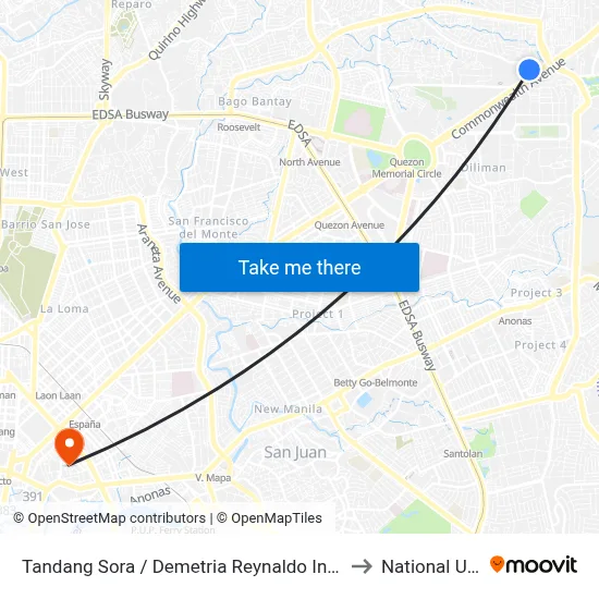 Tandang Sora / Demetria Reynaldo Intersection, Quezon City to National University map