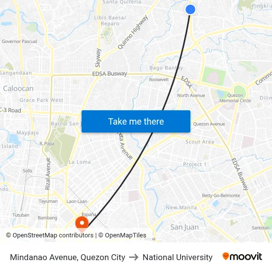 Mindanao Avenue, Quezon City to National University map