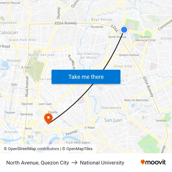 North Avenue, Quezon City to National University map