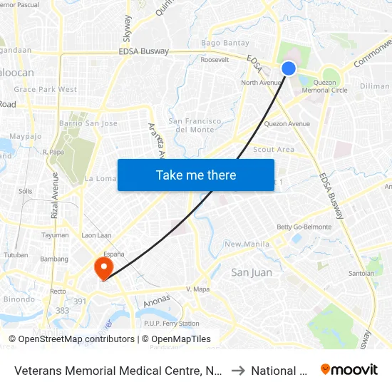 Veterans Memorial Medical Centre, North Avenue, Quezon City to National University map