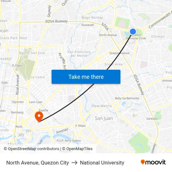 North Avenue, Quezon City to National University map