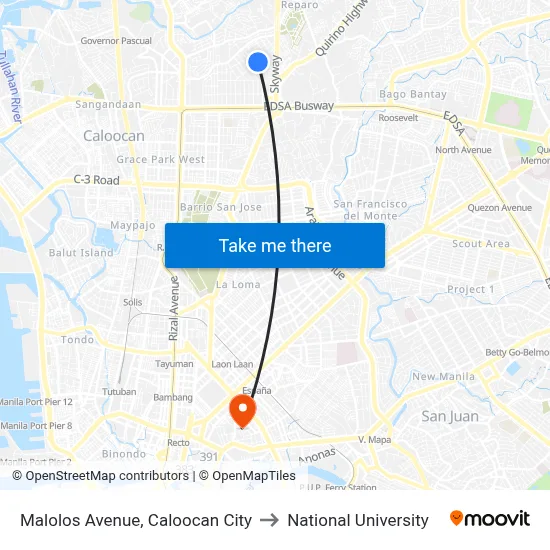 Malolos Avenue, Caloocan City to National University map