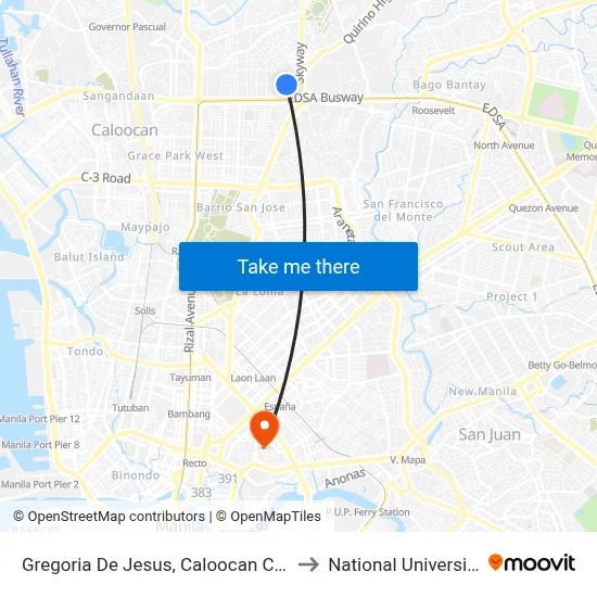 Gregoria De Jesus, Caloocan City to National University map