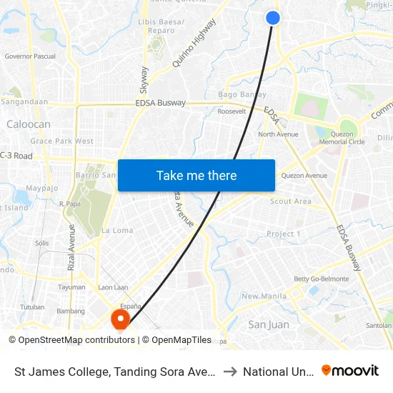 St James College, Tanding Sora Avenue, Quezon City to National University map