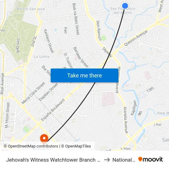 Jehovah's Witness Watchtower Branch Office, Roosevelt Avenue, Quezon City to National University map