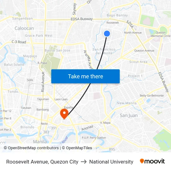 Roosevelt Avenue, Quezon City to National University map