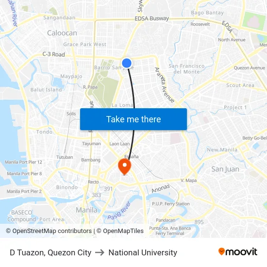D Tuazon, Quezon City to National University map