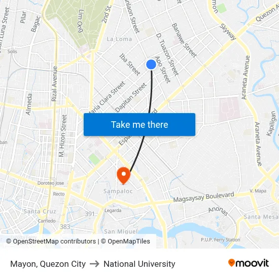 Mayon, Quezon City to National University map