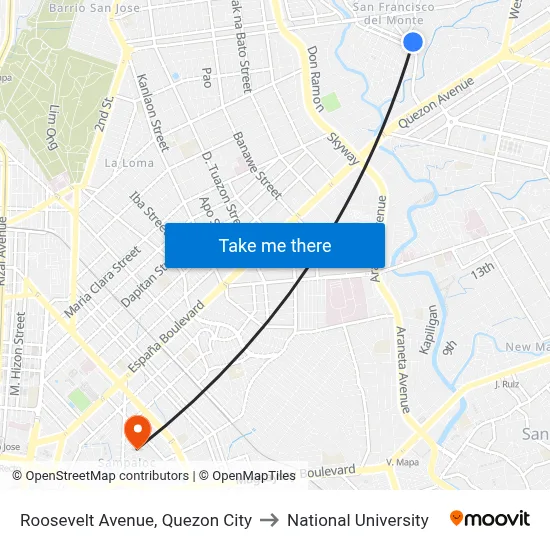 Roosevelt Avenue, Quezon City to National University map