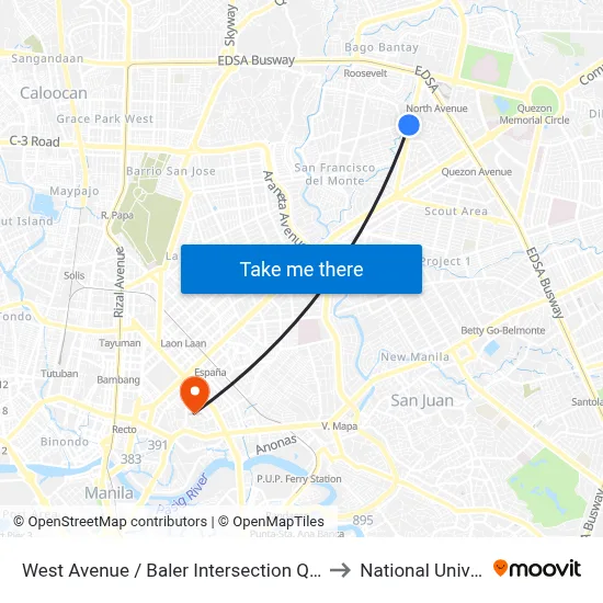 West Avenue / Baler  Intersection Quezon City to National University map